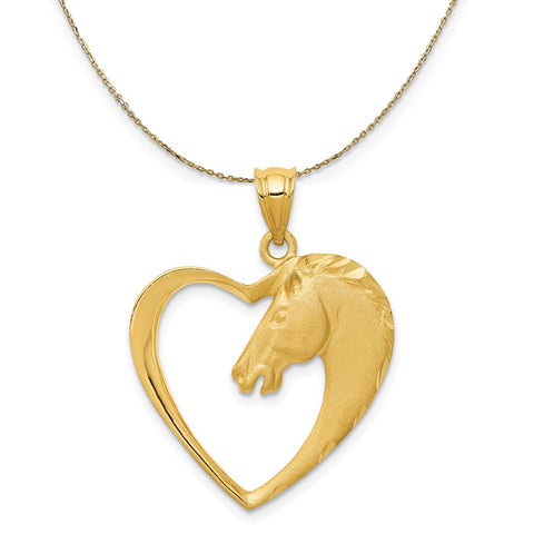 14k Yellow Gold Horse Head and Heart Necklace, 22mm
