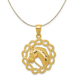 14k Yellow Gold Horse Head Horseshoe Wreath Necklace