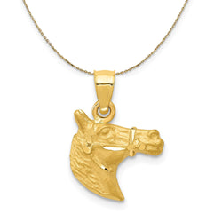 14k Yellow Gold Satin and Diamond Cut Horse Head Necklace