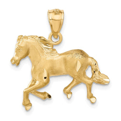 14k Yellow Gold Satin and Diamond Cut Horse Pendant, 22mm