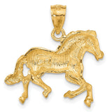 14k Yellow Gold Satin and Diamond Cut Horse Pendant, 22mm