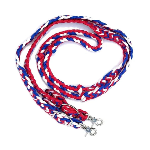 Braided Barrel / Roping Reins 8 ft, 2 Nickel Plated Scissor Snaps, Multi Tone Colors